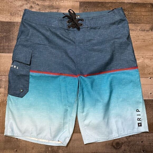 Rip Curl Men’s Size 32 Dawn Patrol Swim Trunk Blue Red Long with Side Pocket - Picture 1 of 9